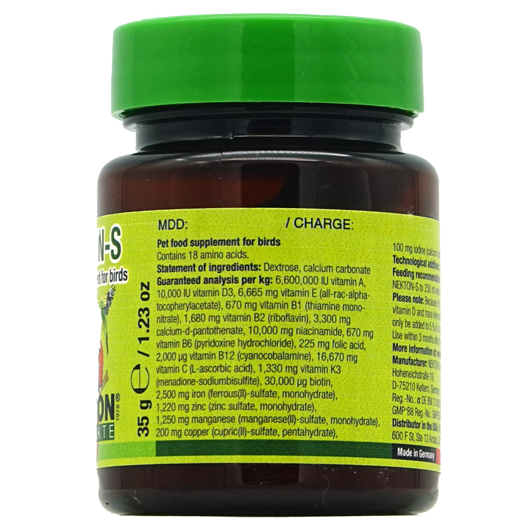Nekton-S ingredients graphic shows vitamins, amino acids, and minerals for birds.