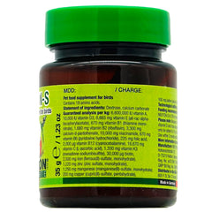 Nekton-S ingredients graphic shows vitamins, amino acids, and minerals for birds.