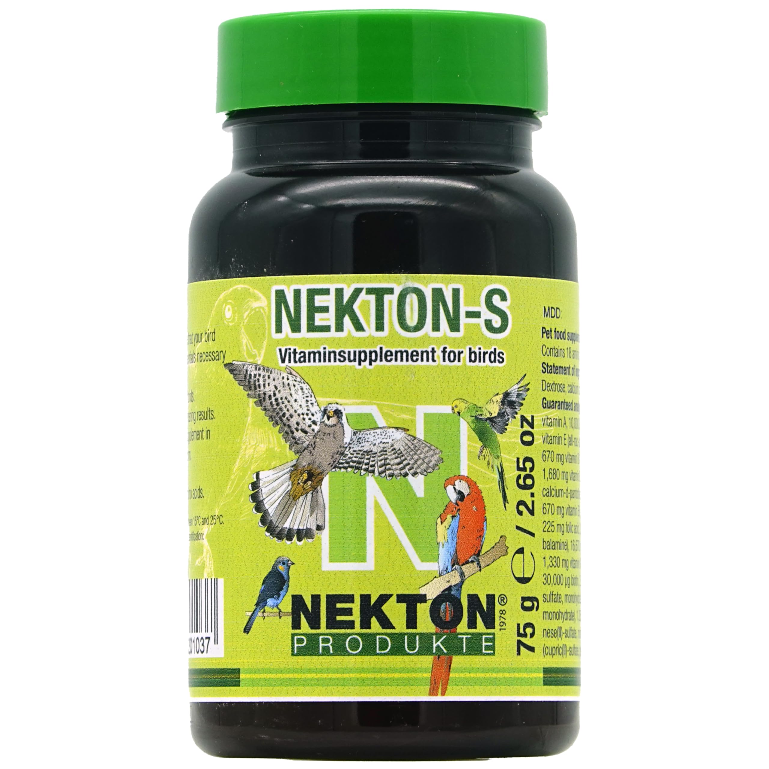 Nekton-S for birds jar highlights daily nutrition boost for feathered companions.