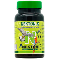 Nekton-S for birds jar highlights daily nutrition boost for feathered companions.