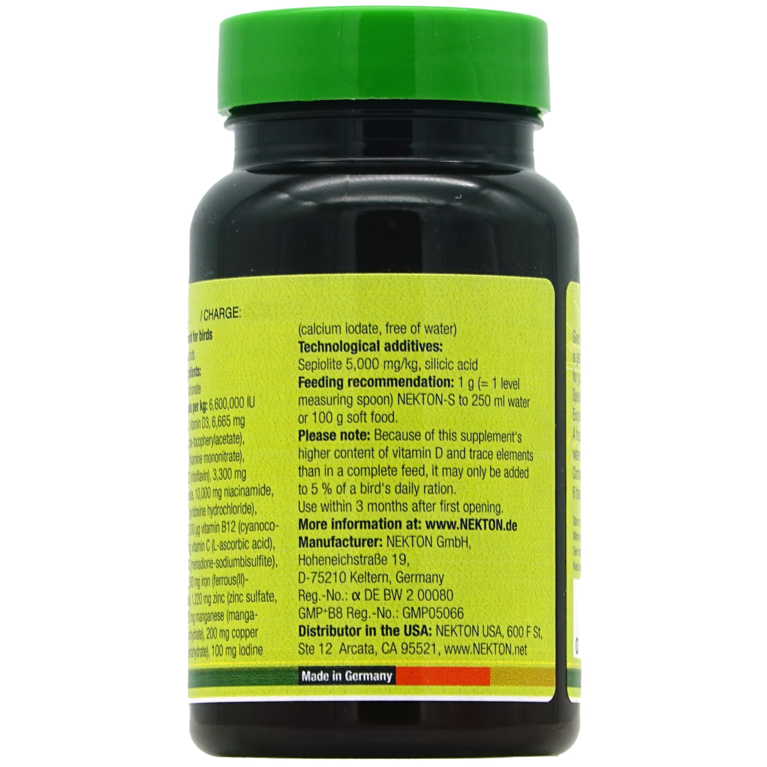 Nekton-S label closeup shows vitamins and amino acids supporting overall vitality.