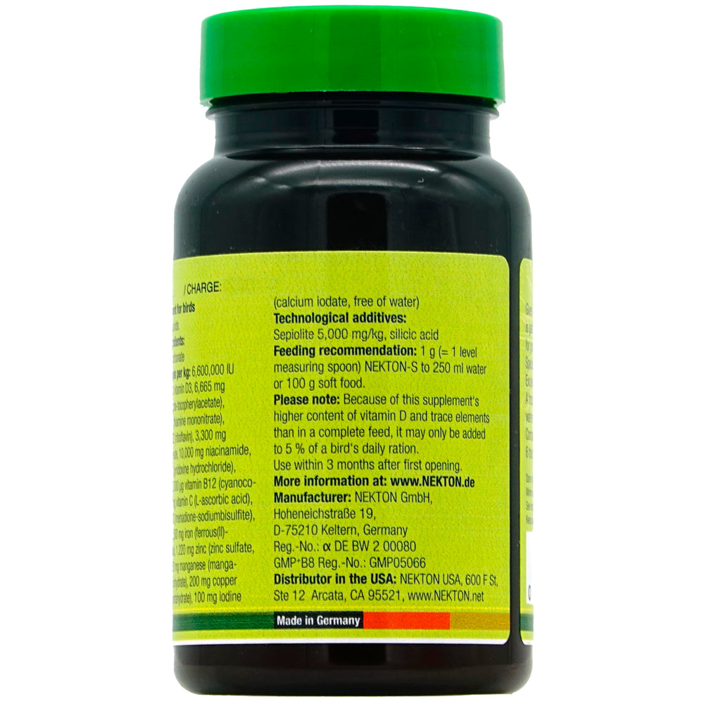 Nekton-S label closeup shows vitamins and amino acids supporting overall vitality.