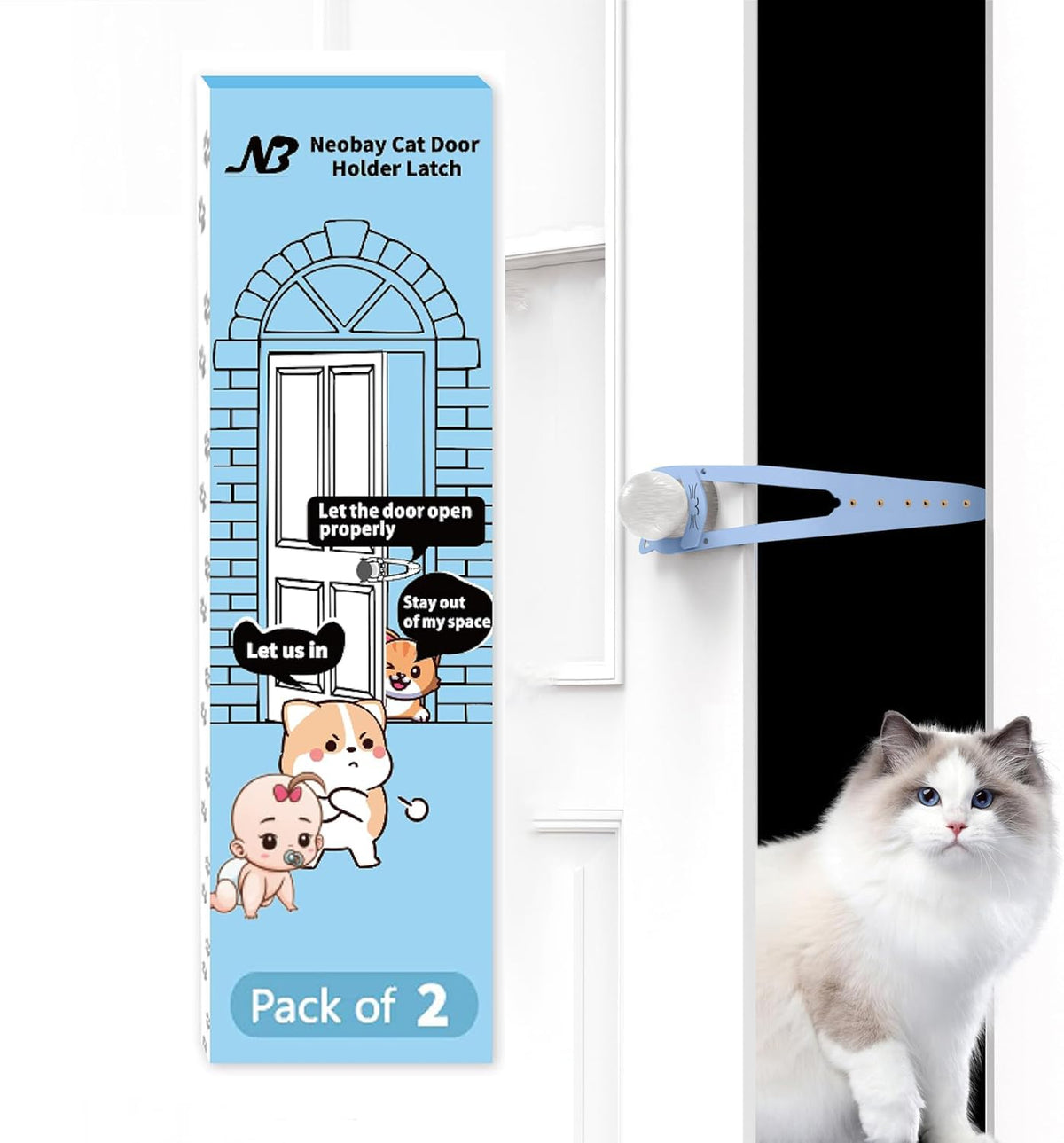 Neobay Cat Door Latch pack setup demonstrates convenient two-pack value for households.