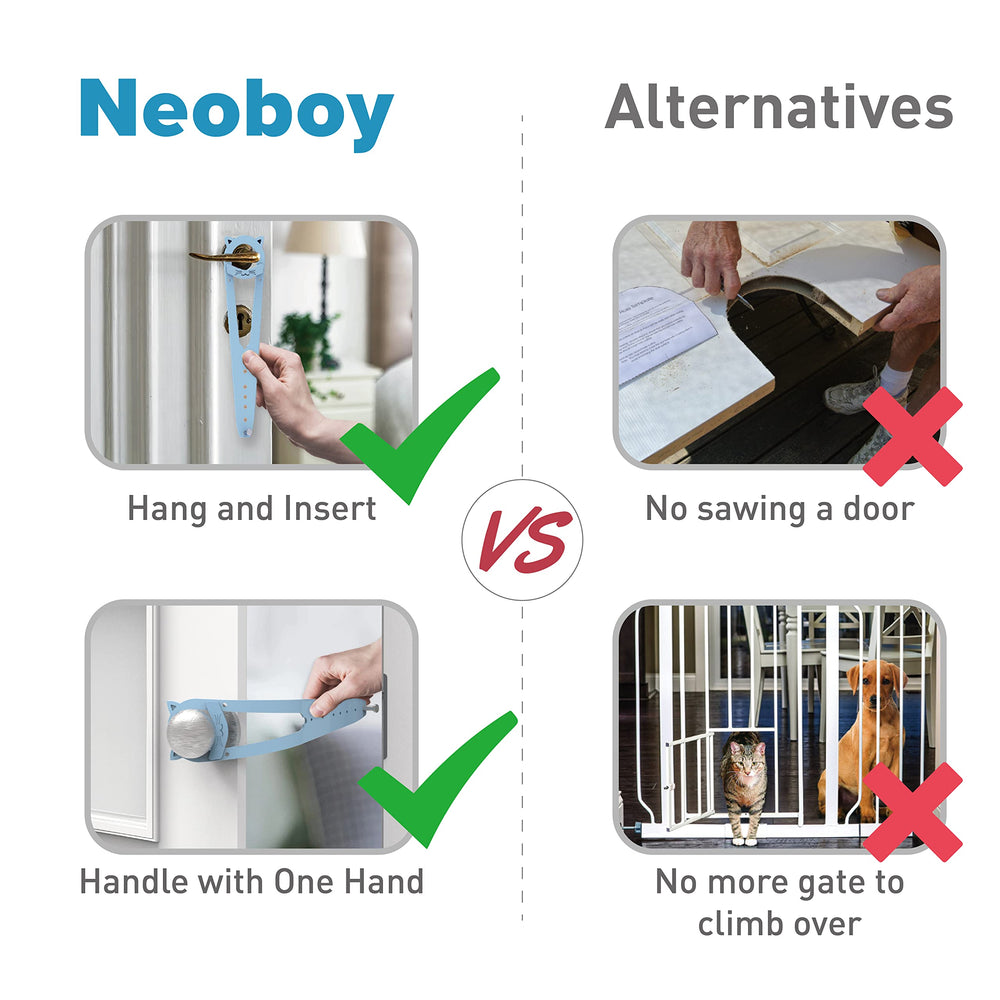 Neobay Cat Door Latch portable use shows easy one-handed operation indoors or on vacation.