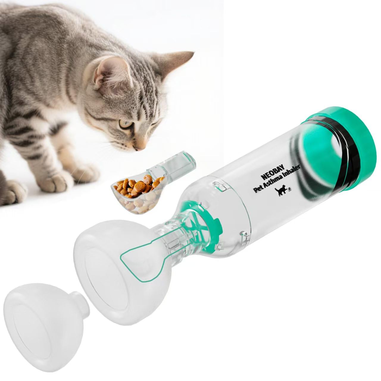 Neobay cat inhaler spacer panic-soother close-up promotes calmer first-treatment sessions.