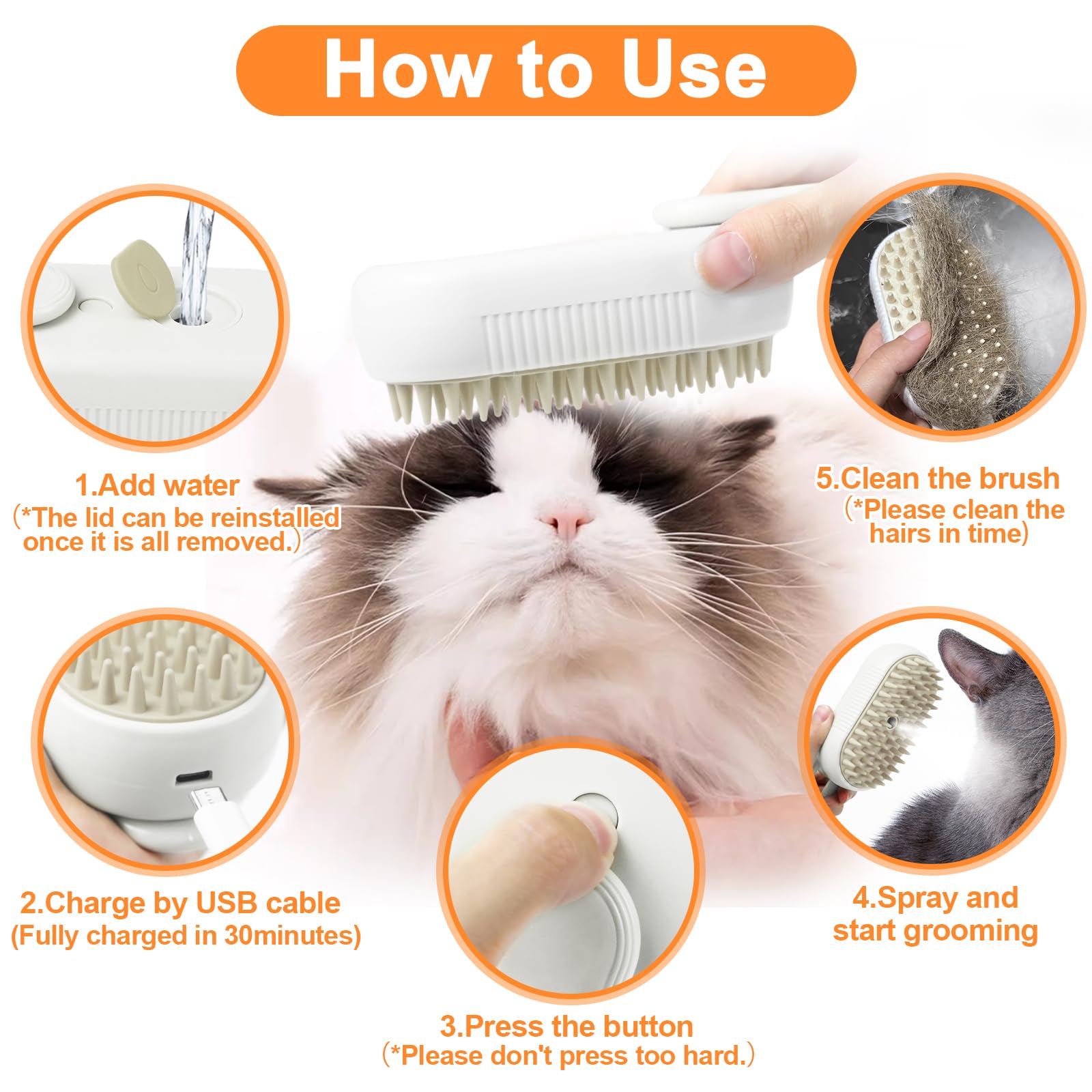 Nepfaivy Cat Steam Brush USB rechargeability supports quick daily grooming sessions.