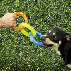 Nerf Dog 3-Ring Tug toy in bright colors improves visibility during fetch.