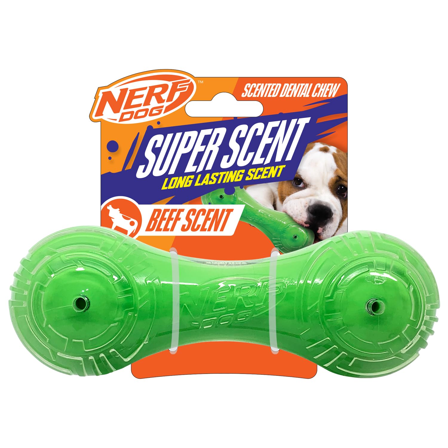 Nerf Dog 7in barbell toy with beef scent for engaging chew and fetch play.