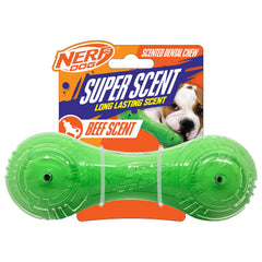 Nerf Dog 7in barbell toy with beef scent for engaging chew and fetch play.