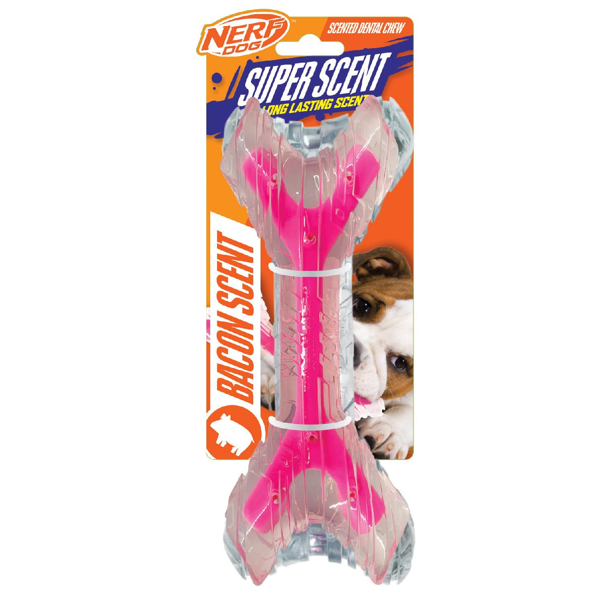 Nerf Dog 9in Bacon SuperScent bone in clear pink supports fetch and scent play