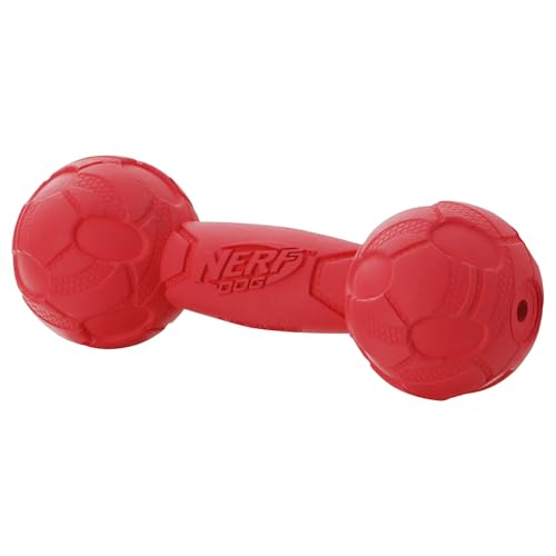 Nerf Dog Bash Squeak Barbell Red close-up ridges showing gum massage during chewing.