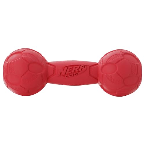 Nerf Dog Bash Squeak Barbell Red indoor-outdoor durability for versatile playtime.