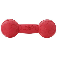 Nerf Dog Bash Squeak Barbell Red indoor-outdoor durability for versatile playtime.