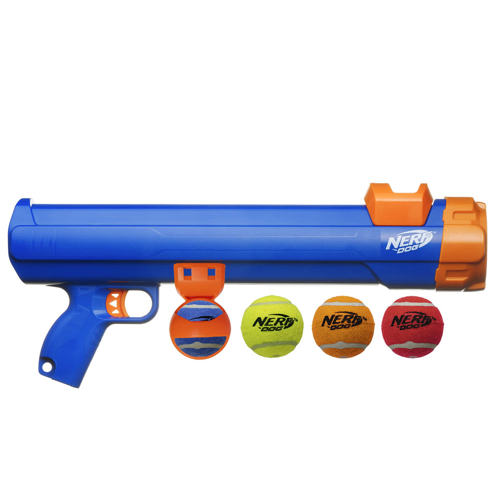 Nerf Dog Tennis Ball Blaster distance control highlights flexible throw range.