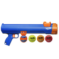 Nerf Dog Tennis Ball Blaster distance control highlights flexible throw range.