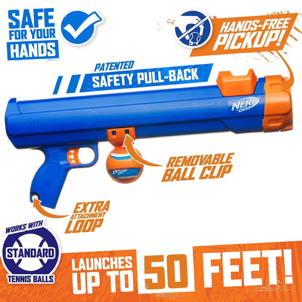 Nerf Dog Tennis Ball Blaster hands-free pickup enables clean retrieval.