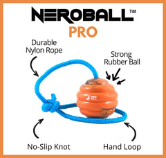 Nero Ball Pro on rope being thrown for obedience rewards.