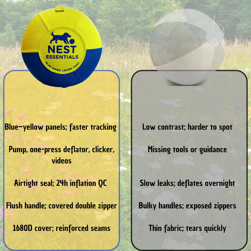 NEST ESSENTIALS Herding Ball high-contrast colors improve visibility during training