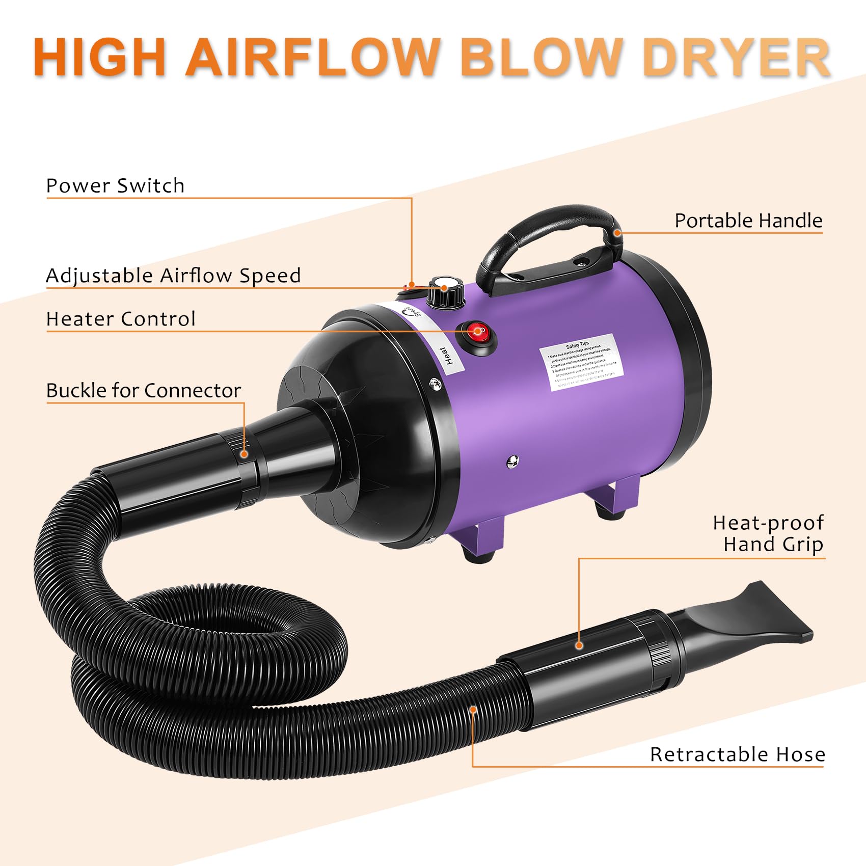 NESTROAD dog dryer flexible hose allows easy reach while drying