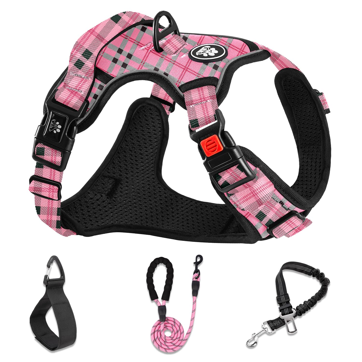 NESTROAD No Pull Harness in checkered pink shows side-entry for quick on/off comfort