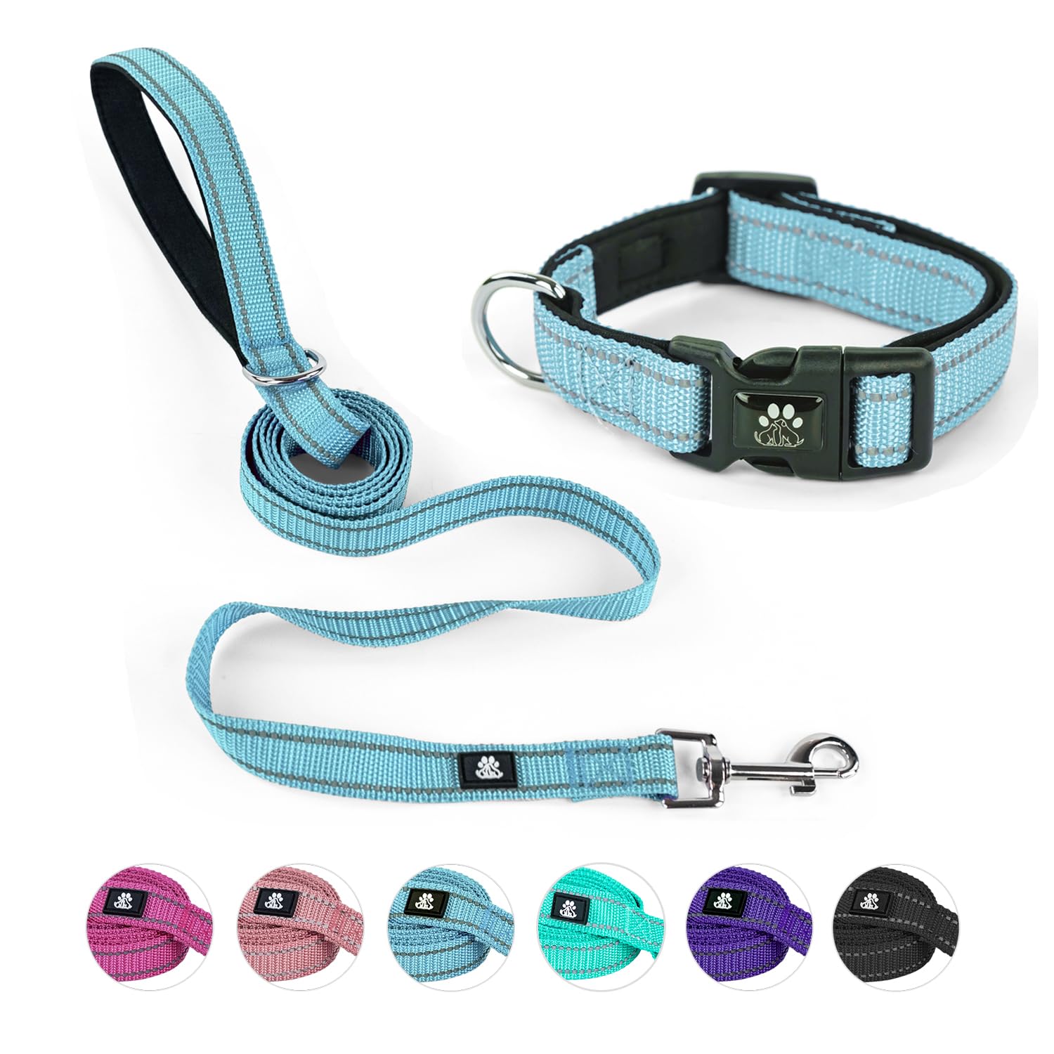 NESTROAD reflective dog collar blue close-up shows bright stitching for safer night walks.
