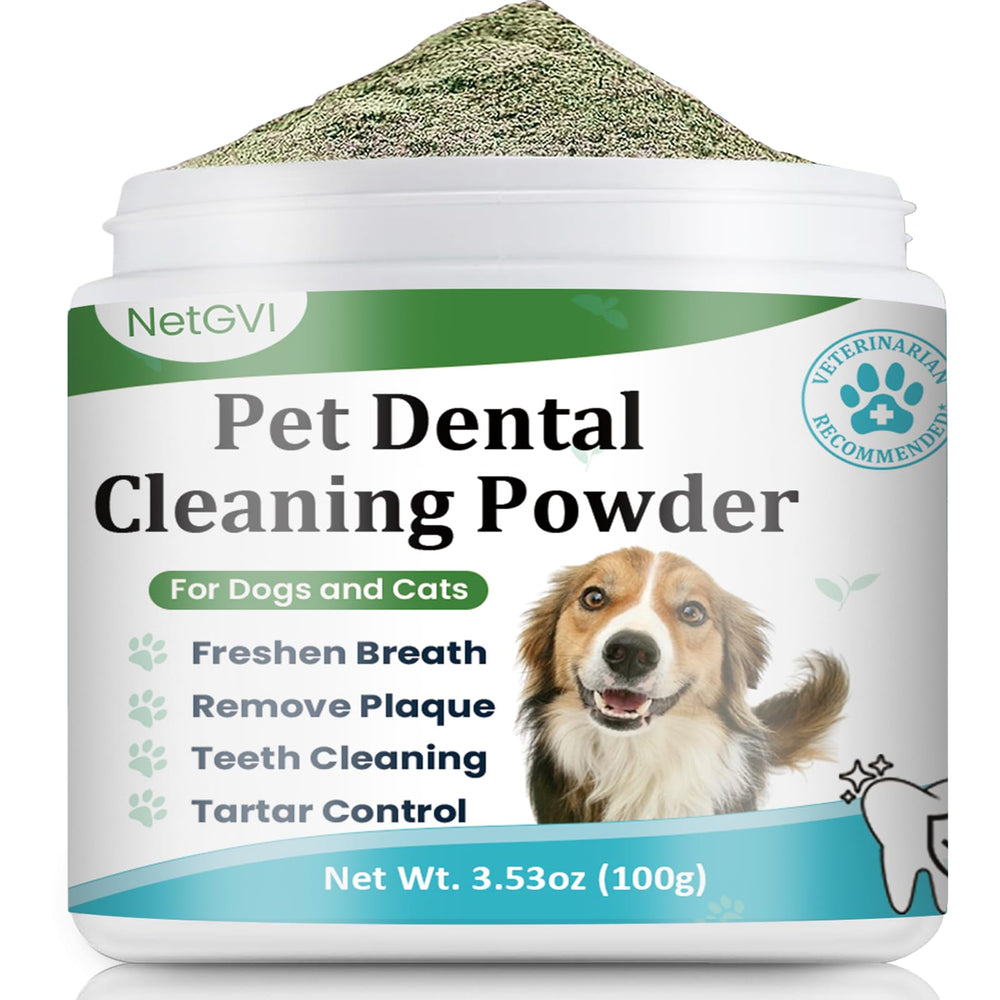 NetGVI dog teeth cleaning powder bottle for easy at-home oral care.