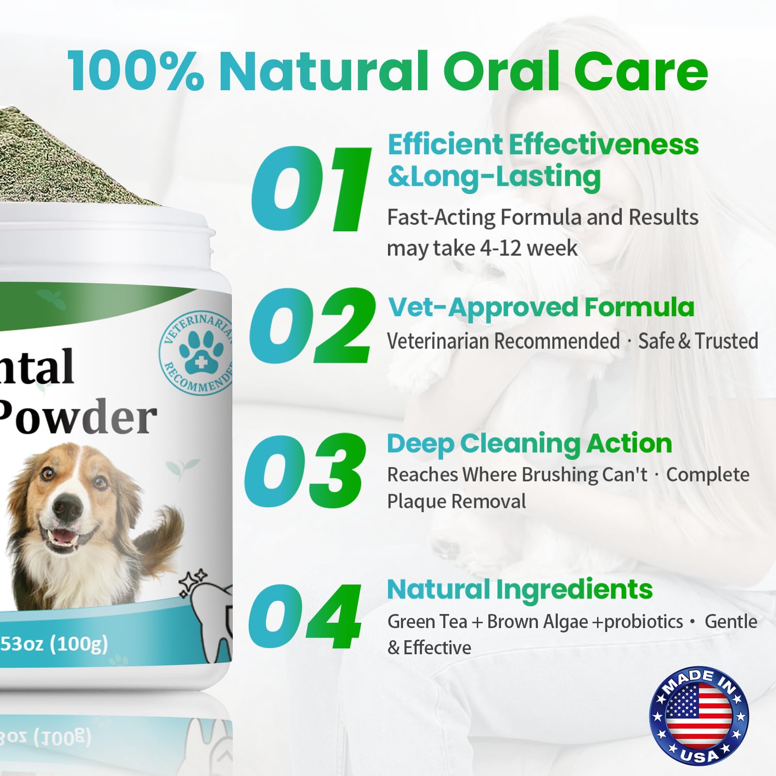 NetGVI powder scoop in dog food supports daily oral hygiene.