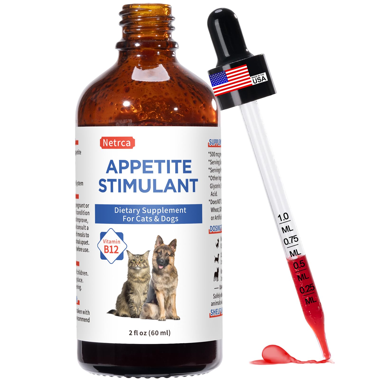 Netrca Appetite Stimulant bottle-pour demonstrates easy daily dosing for dogs and cats