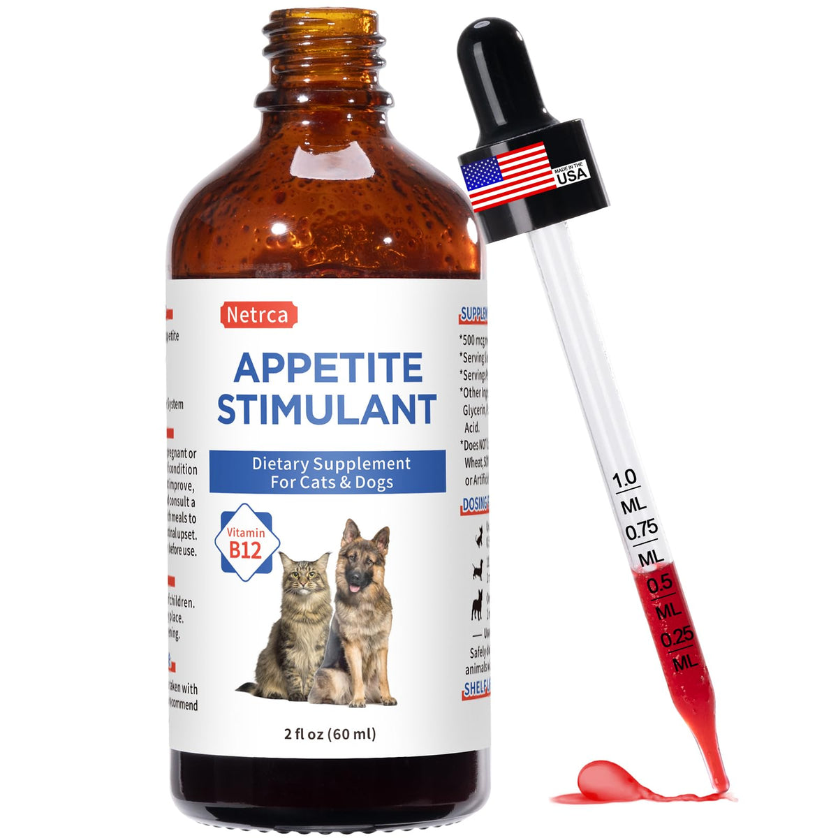 Netrca Appetite Stimulant bottle-pour demonstrates easy daily dosing for dogs and cats