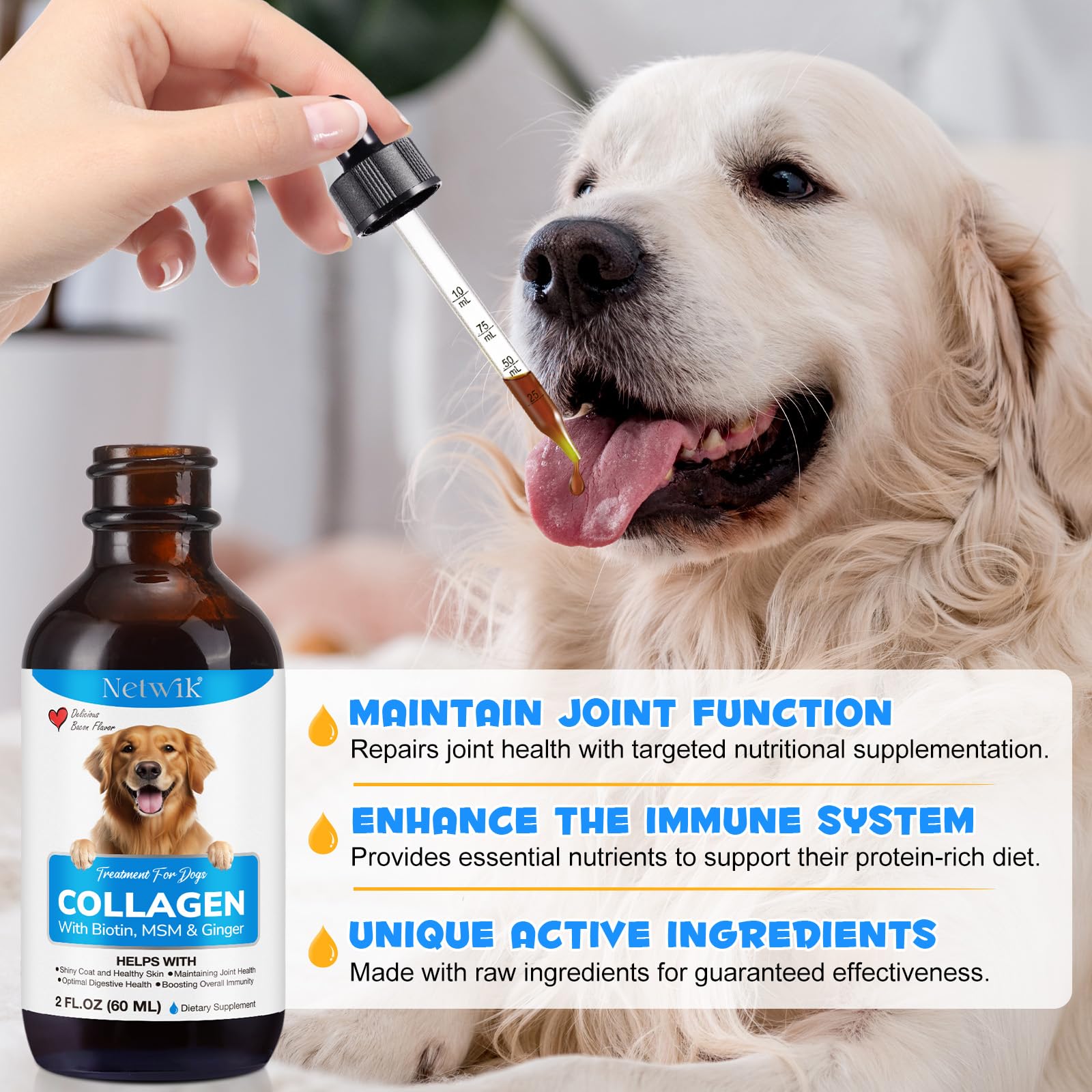 Netwik Collagen for Dogs biotin close-up highlights hair and coat health.