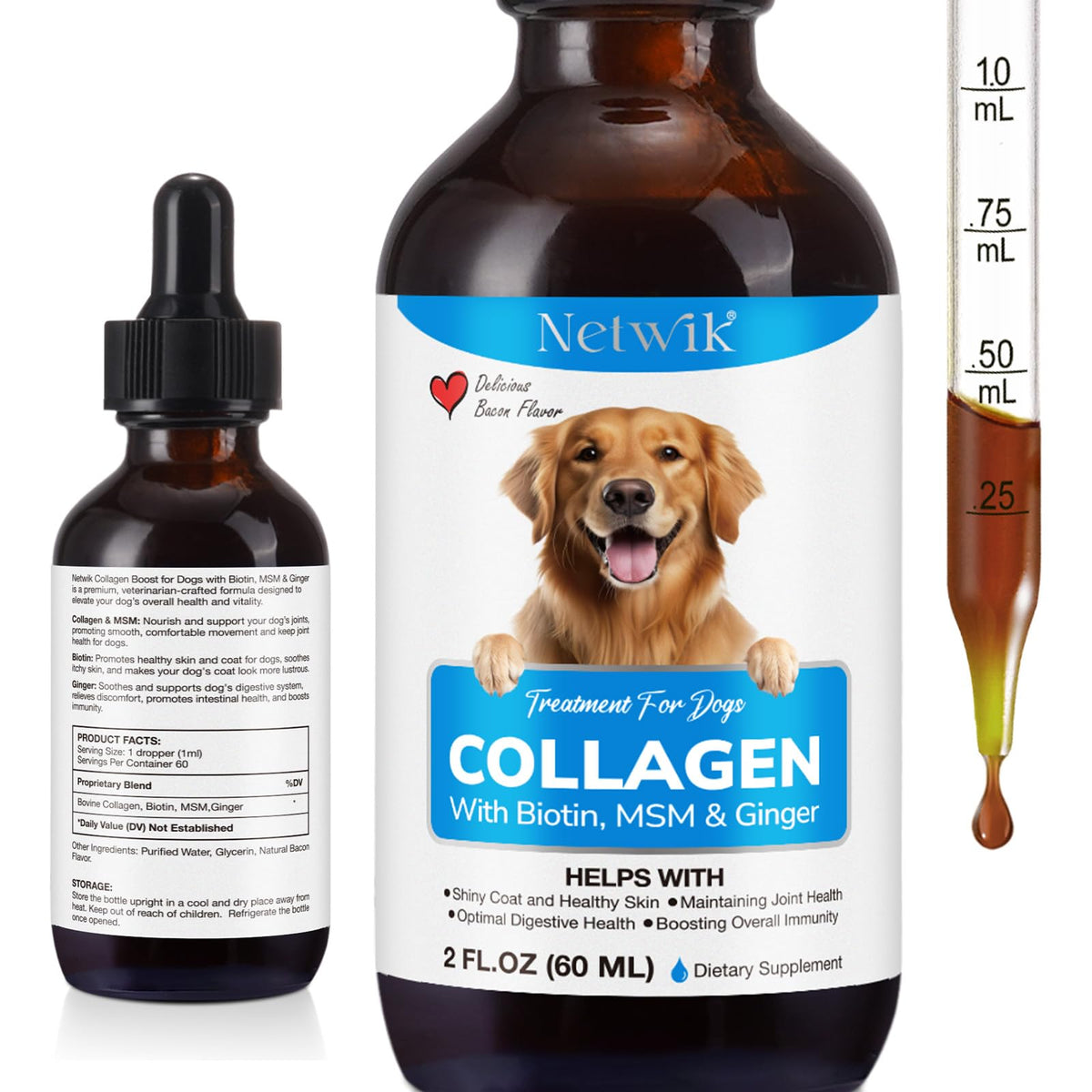 Netwik Collagen for Dogs liquid bottle showcases premium joint support formula.