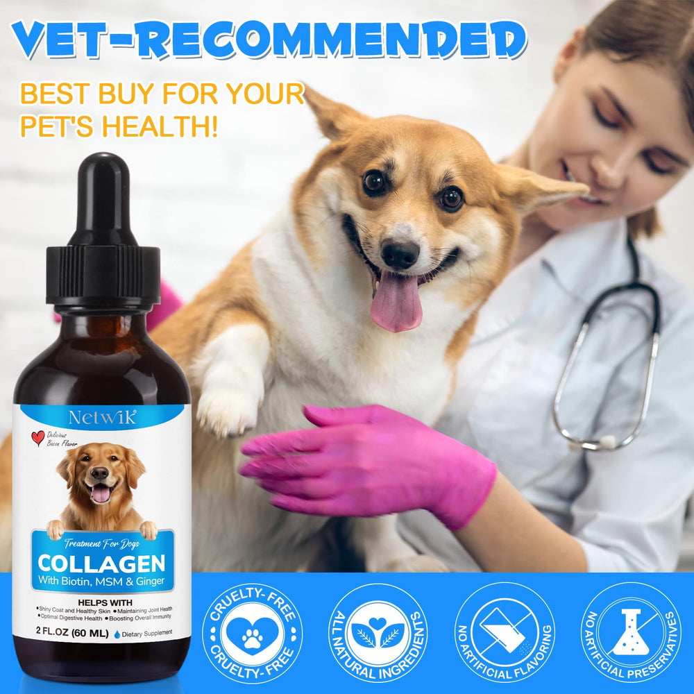 Netwik Collagen for Dogs liquid pour demonstrates easy daily dosing and coat nourishment.