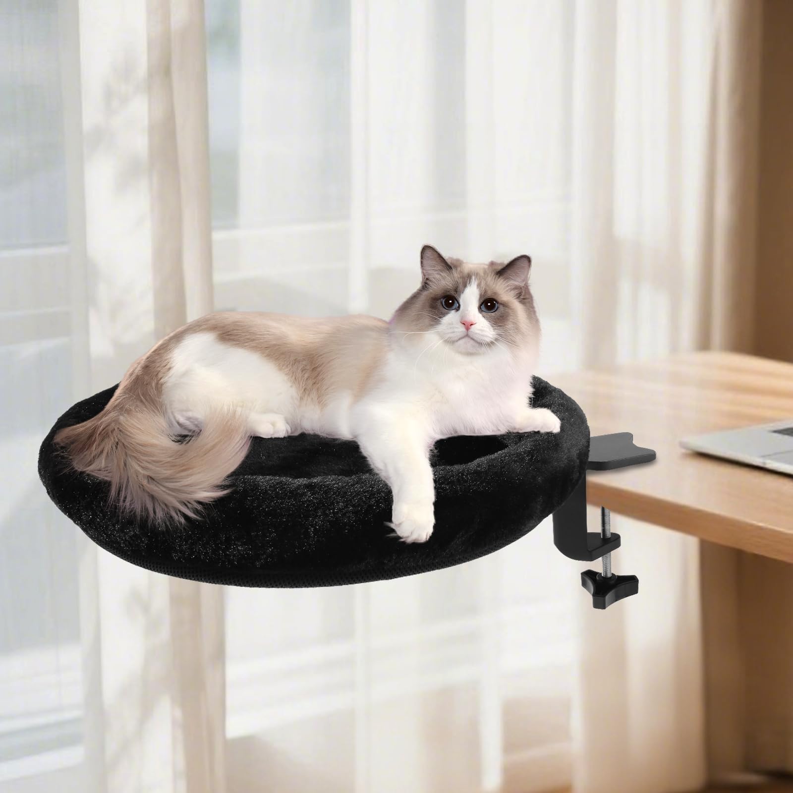 NEVESYKCUL cat desk bed clamp assembly shows quick secure mounting for near-workspace lounging
