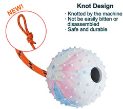 Nevperish K9 ball on rope fetch action emphasizes distance play and reward training.