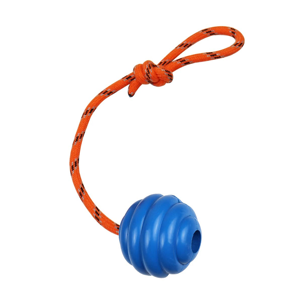 Nevperish K9 training ball with rope closeup showing durable rubber texture.