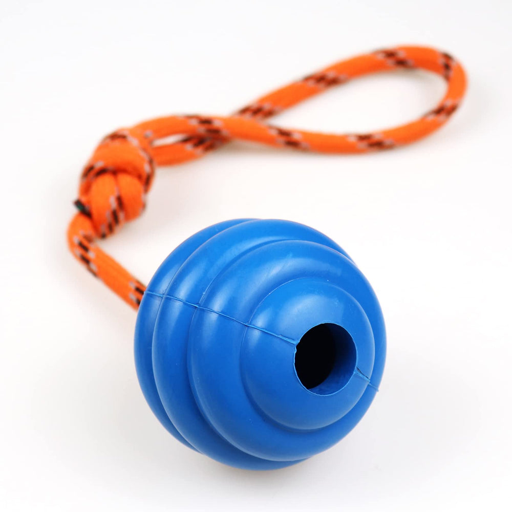 Nevperish K9 training ball with rope filled with treats for rewards.