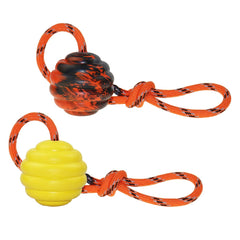 Nevperish K9 training ball with rope 2.4in for fetch and tug sessions