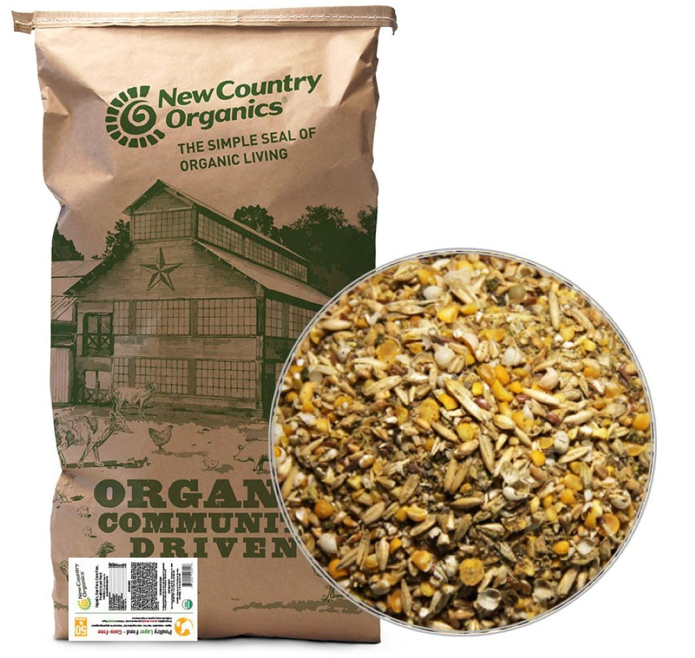 New Country Organics corn-free layer feed 50lb bag for complete hen nutrition.