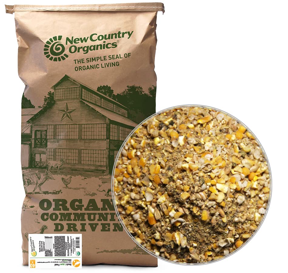 New Country Organics duck layer feed bag with organic ingredients for healthy eggs.