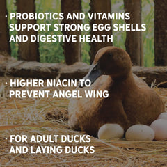New Country Organics duck layer feed includes probiotics and vitamins for digestion.