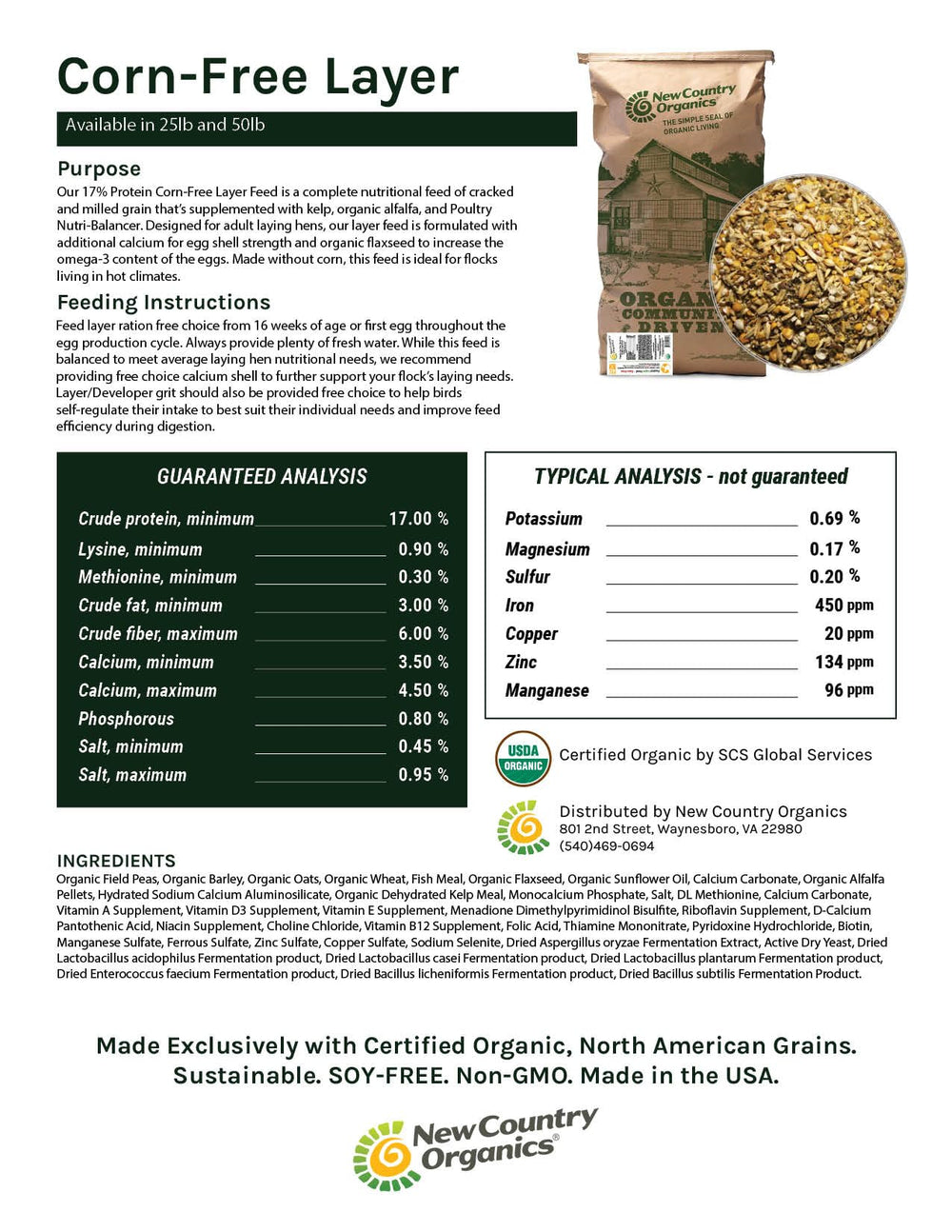 New Country Organics feed label highlights organic, non-GMO ingredients.