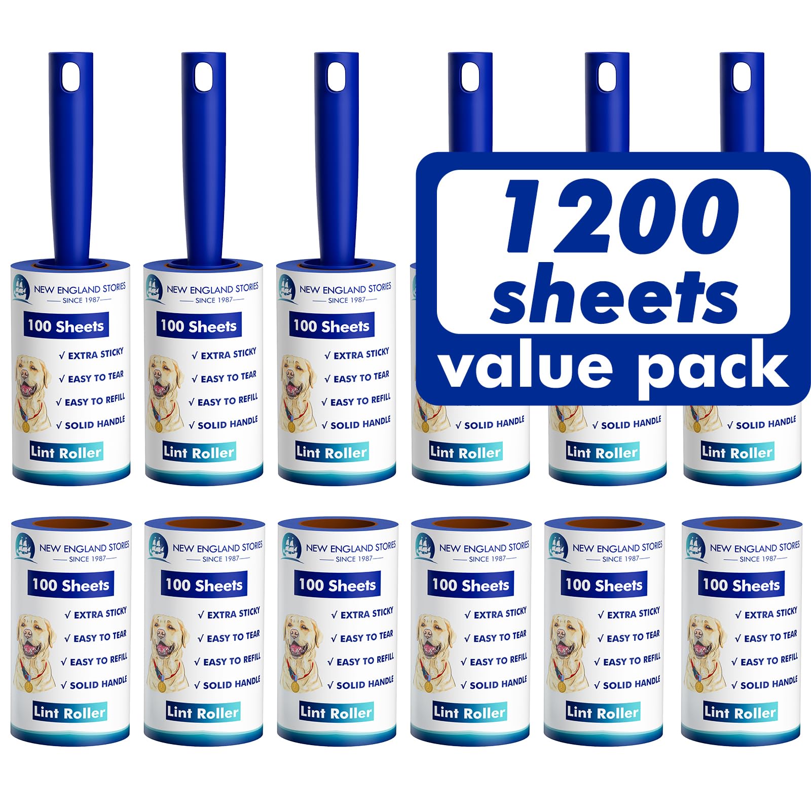 New England Stories lint roller pack showing 1200 sheets for long-lasting cleanup
