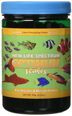 New Life Spectrum Optimum Flakes bottle closeup supports vibrant color potential.