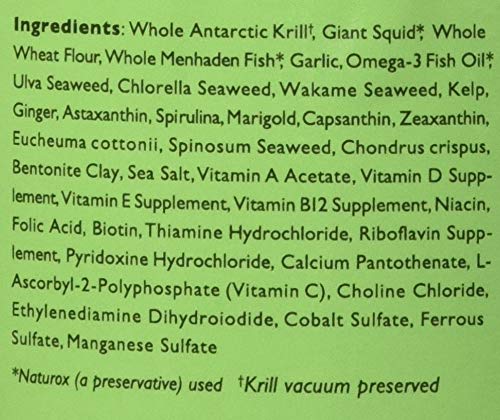 New Life Spectrum Optimum Flakes ingredients visual with krill and squid for balanced nutrition.