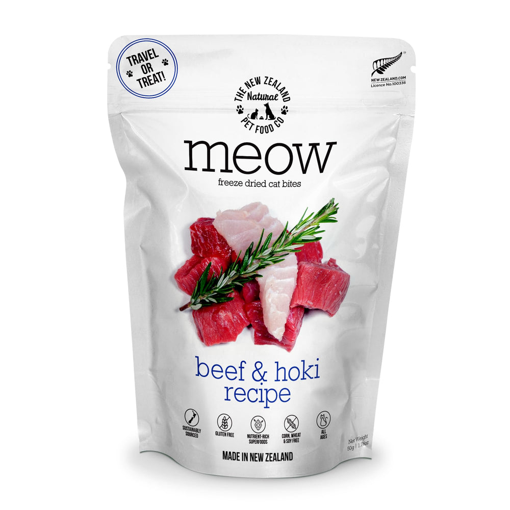 The New Zealand Natural Pet Food Co Meow freeze-dried beef-hoki 1.76oz for a protein-packed cat meal option.