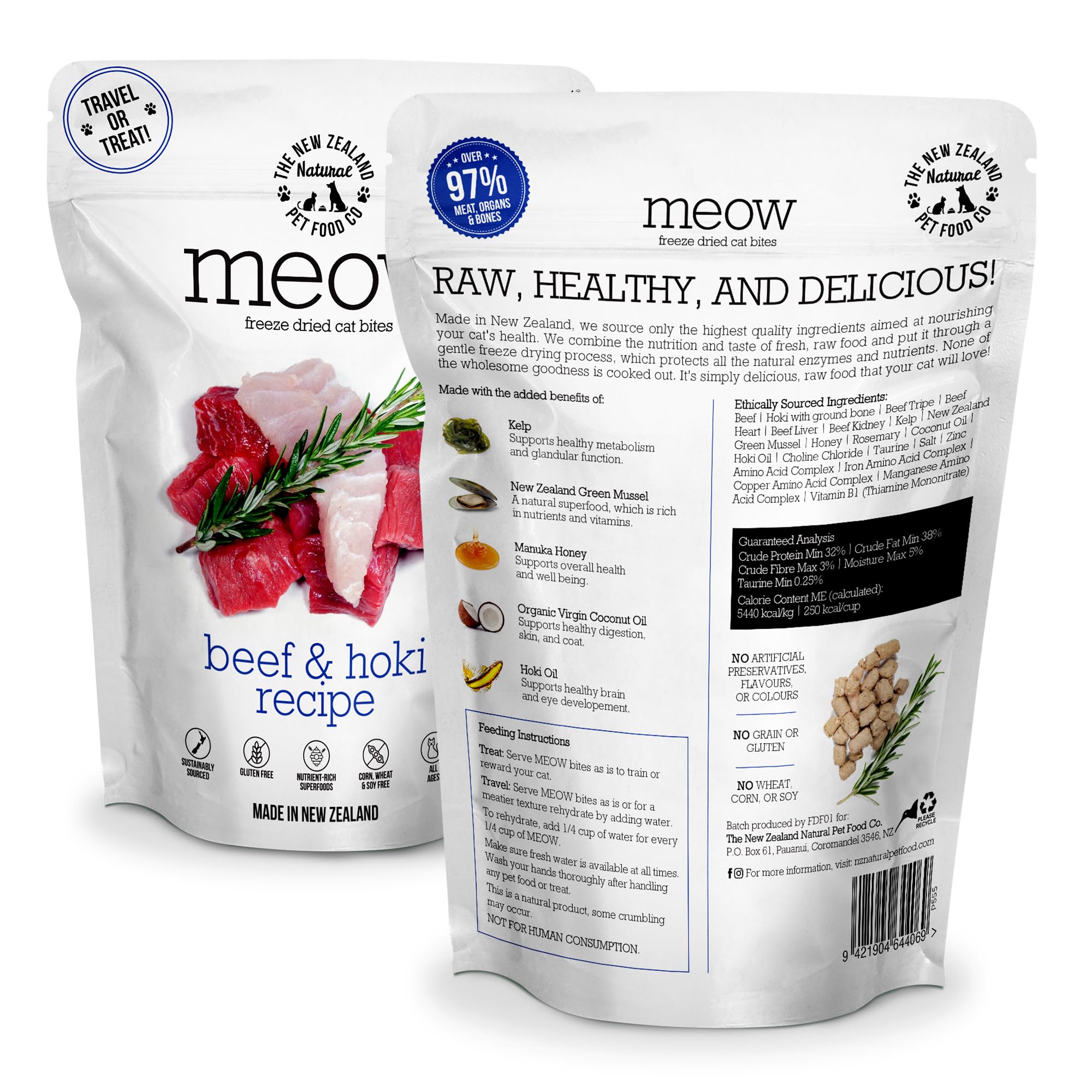 New Zealand Natural Pet Food Co Meow freeze-dried cat food ingredients beef-hoki closeup supports wholesome, grain-free nourishment.