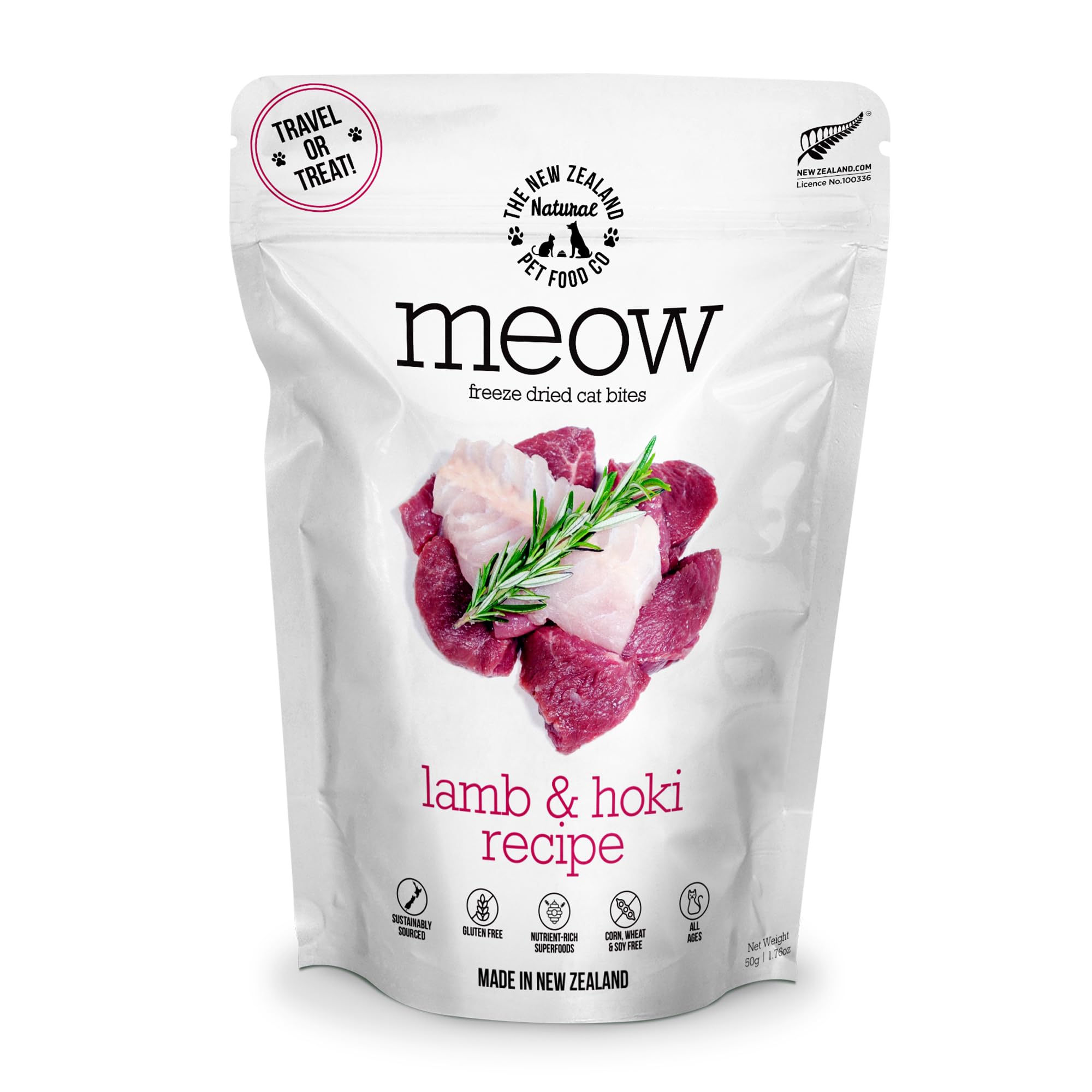 New Zealand Natural Pet Food Co Meow Freeze Dried Cat Food Lamb Hoki Recipe bowl shows complete-meal versatility
