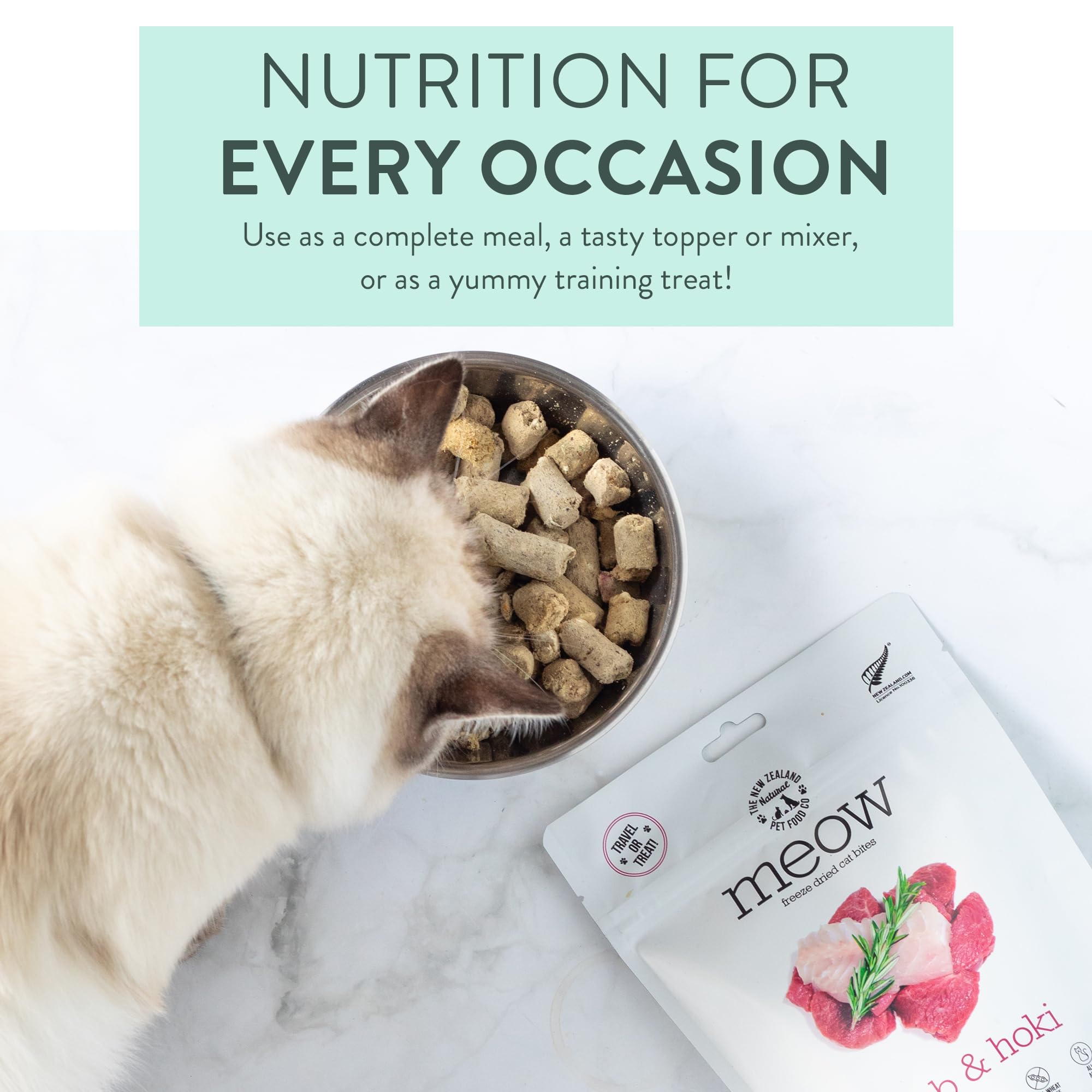 New Zealand Natural Pet Food Co Meow Freeze Dried Cat Food Lamb Hoki Recipe packaging showcases small-batch production