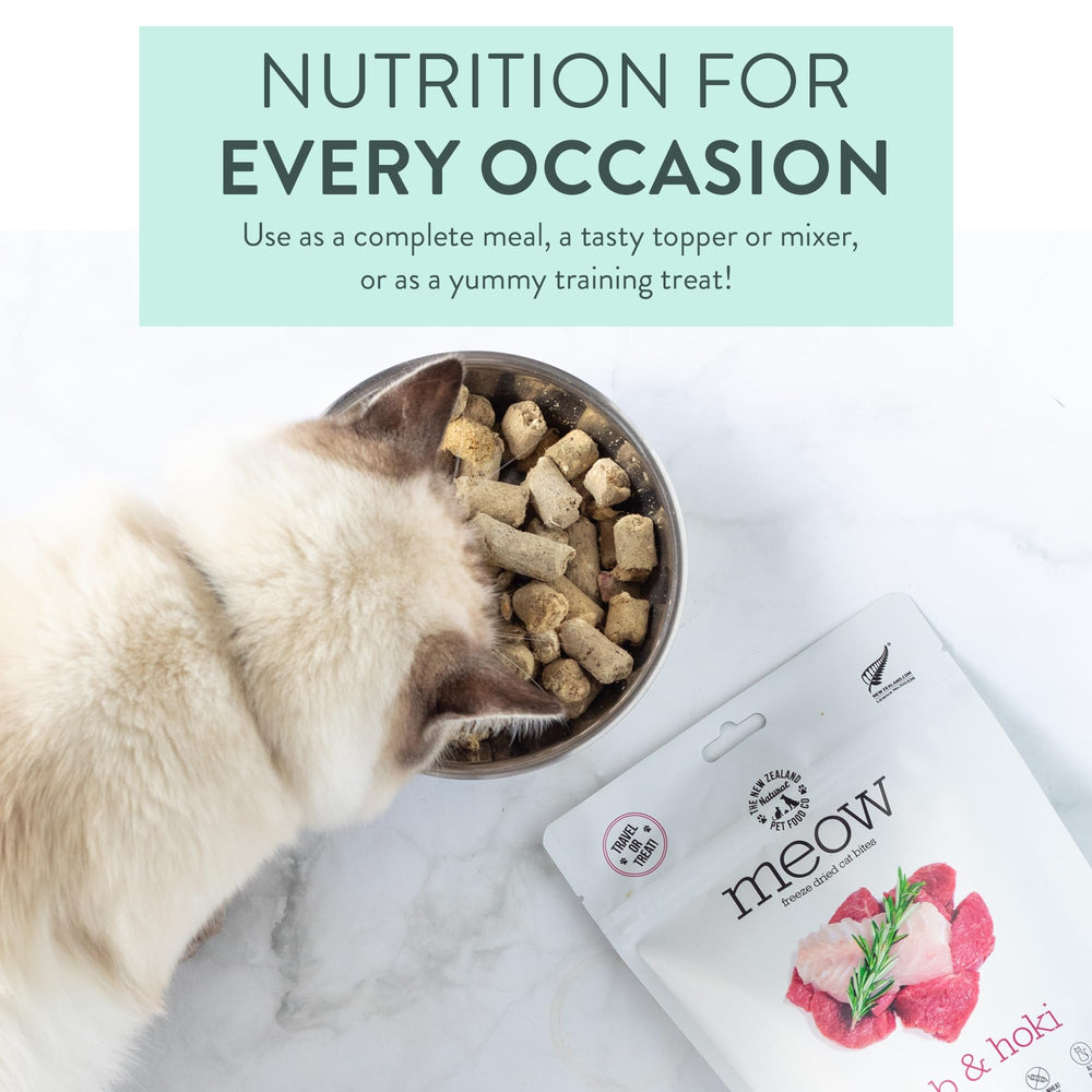 New Zealand Natural Pet Food Co Meow Freeze Dried Cat Food Lamb Hoki Recipe packaging showcases small-batch production