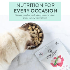 New Zealand Natural Pet Food Co Meow Freeze Dried Cat Food Lamb Hoki Recipe packaging showcases small-batch production